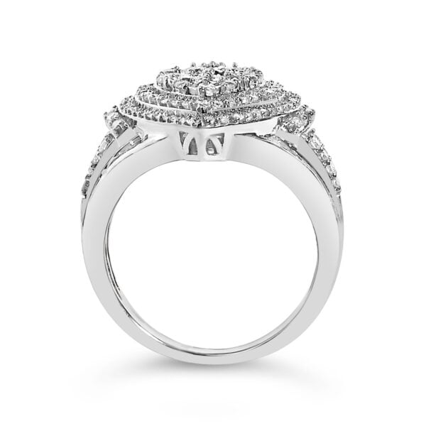 Angled view of a diamond cluster ring showing the rhodium plated metal finish