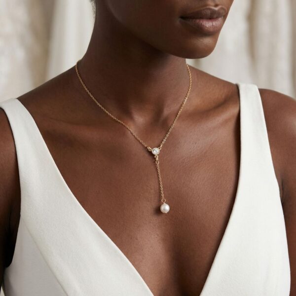 16 + 2 14/20 Gold Filled CZ and Pearl Y Drop Necklace - alternate view 2