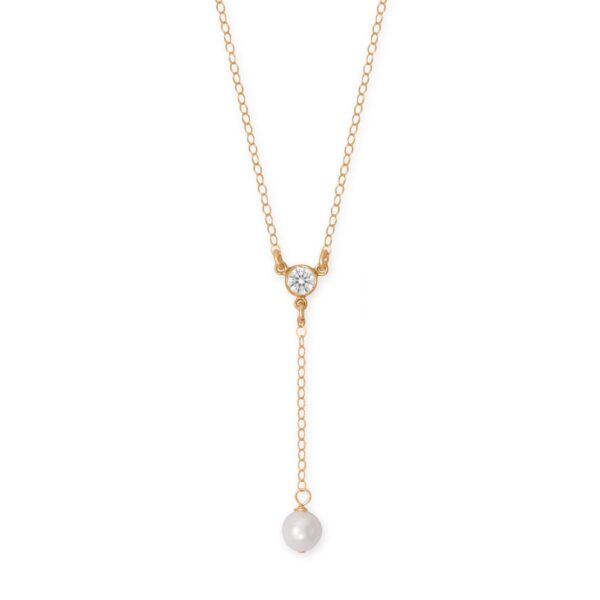 16 + 2 14/20 Gold Filled CZ and Pearl Y Drop Necklace