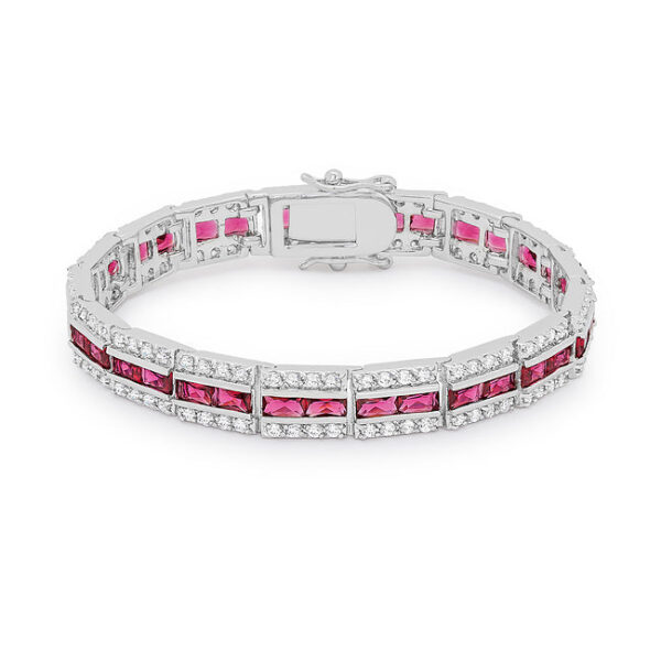 Red cubic zirconia bracelet with Round 2 (mm) X 2 (mm) 5 (mm) X 3 (mm) accent stones in prong settings.