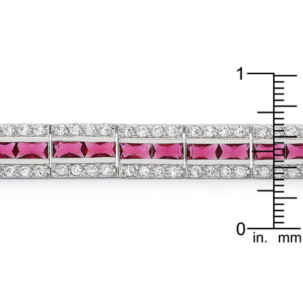 Classic red cubic zirconia bracelet in prong settings with 5.1 ct total stone weight and a 7.25 inch length.