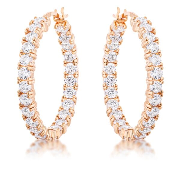 Rose gold plated hoop earrings lined with round cubic zirconia stones set in prongs