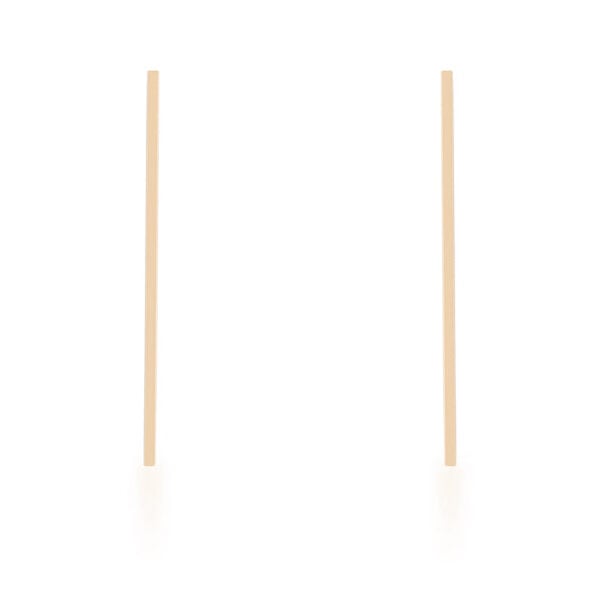 Pair of goldtone line drop earrings laid flat, showing their slim linear shape