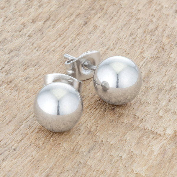 Rhodium plated over stainless steel sphere stud earrings measuring 8 mm.