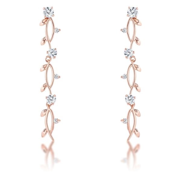 Vine design earrings in rose gold plated over lead free alloy (brass) with round 4mm cubic zirconia in prong settings