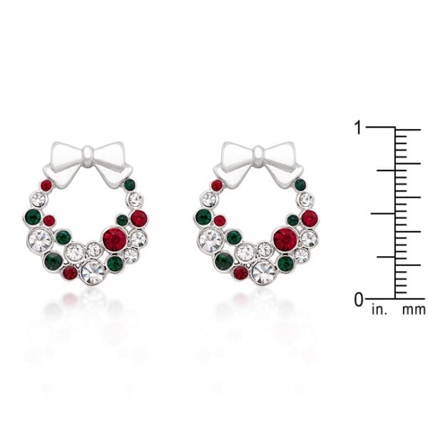 Holiday wreath earring with round colored crystals in bezel settings, Post backing, and rhodium plated over lead free alloy (brass).