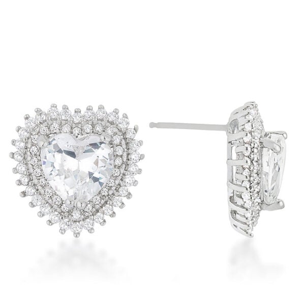 Rhodium plated over lead free alloy (brass) heart stud earrings with pave-set cubic zirconia.