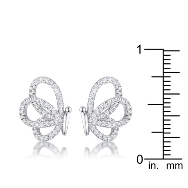 Butterfly stud earrings in rhodium plated over lead free alloy (brass) with round cubic zirconia and post backings.