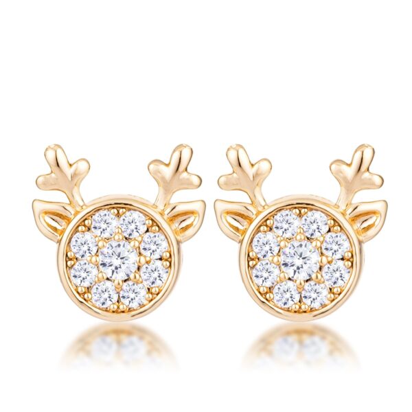 Pair of reindeer-shaped earrings in goldtone plated metal set with clear cubic zirconia stones
