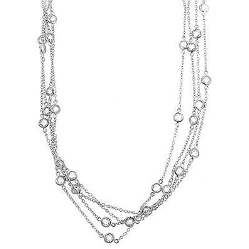 Layered bezel necklace with round cubic zirconia in bezel settings, rhodium plated over lead free alloy (brass).