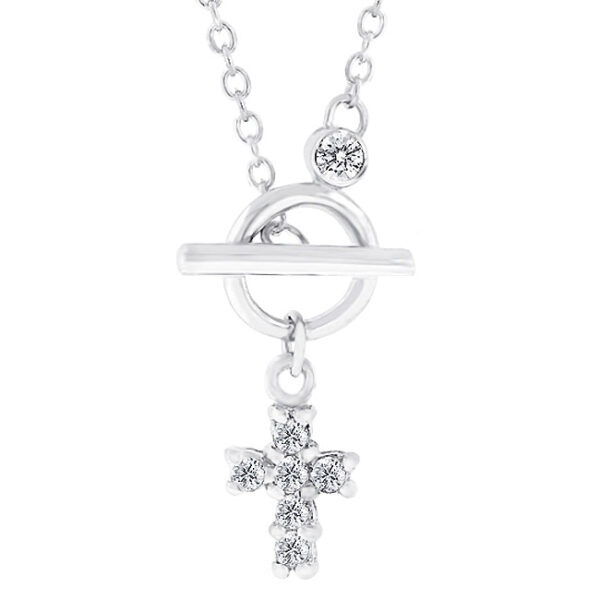 Rhodium plated over lead free alloy (brass) faith necklace with round cubic zirconia in prong settings and a toggle clasp.