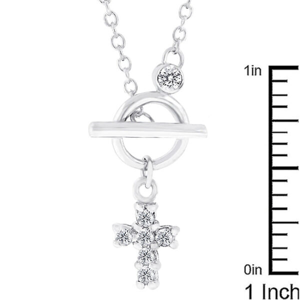 Round cubic zirconia in prong settings on a rhodium plated over lead free alloy (brass) faith necklace with toggle clasp.