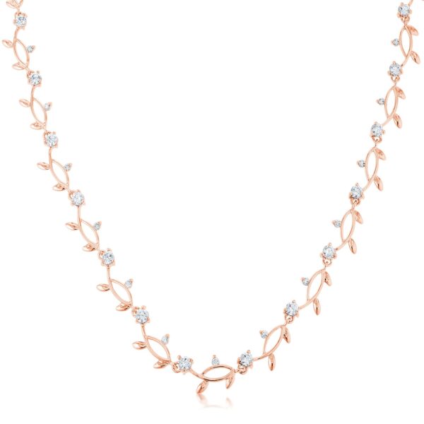 Floral vineyard necklace with pink round cubic zirconia in prong settings.