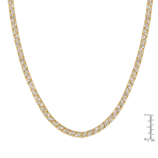 Necklace angled to show the goldtone finish plated over gold tone surface catching light