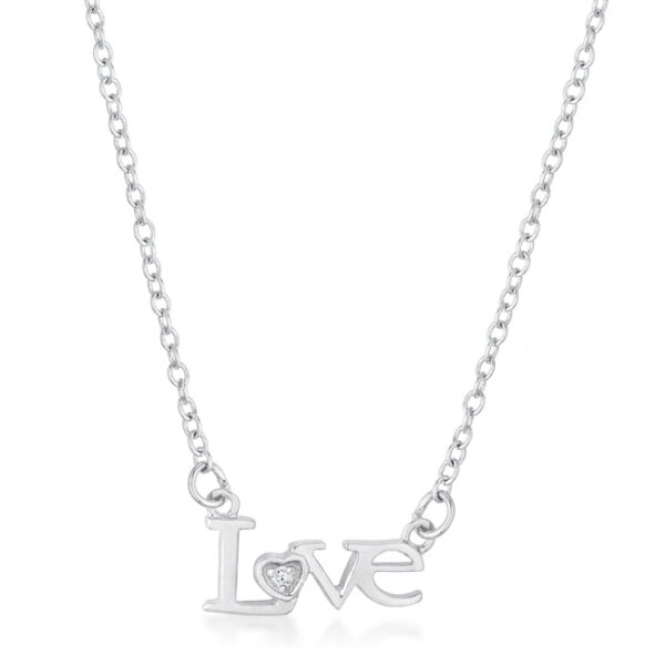 Love-inspired script necklace with a rhodium plated finish.