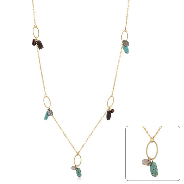 Assorted charms and oval crystals on a 33 Inch link necklace with a lobster clasp.