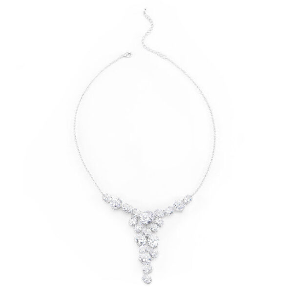 Bejeweled bib necklace with oval cubic zirconia in prong settings, rhodium plated over lead free alloy (brass).