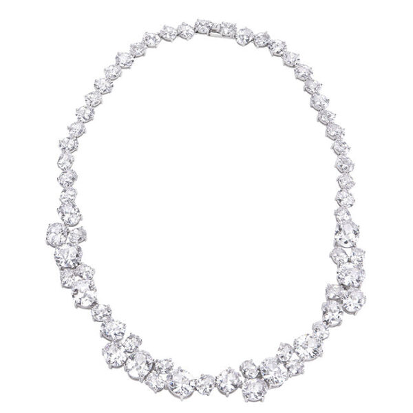 Bejeweled collar necklace with oval cubic zirconia in prong settings, rhodium plated over lead free alloy (brass).