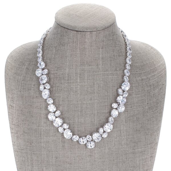 Formal collar necklace with 203 ct oval cubic zirconia in prong settings and a box clasp.