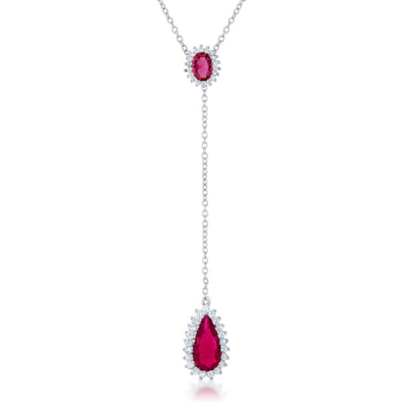 Classic rhodium plated drop lariat necklace with genuine ruby and cubic zirconia.