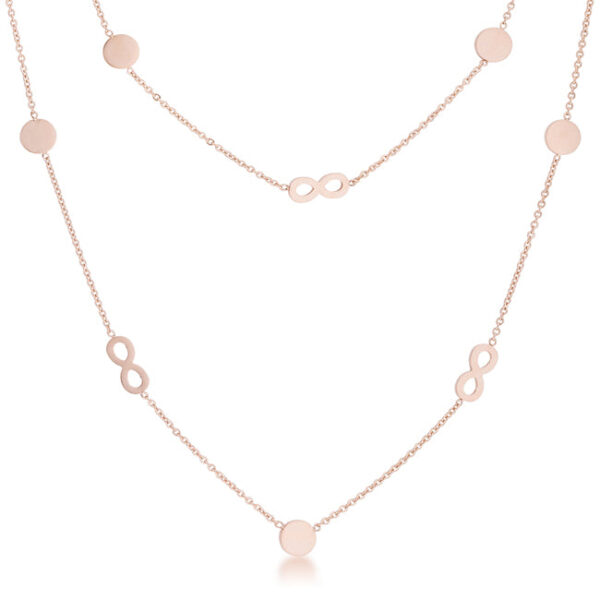 Stainless steel infinity station layer necklace with rose gold discs.