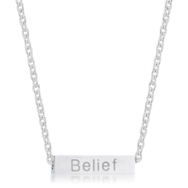 Rhodium plated Luck script bar necklace.