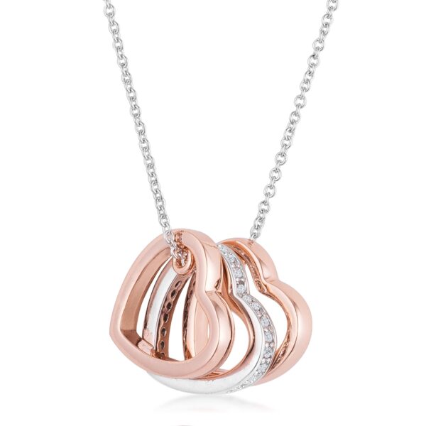 Two-tone triple heart drop necklace with cubic zirconia totaling 0.45 ct