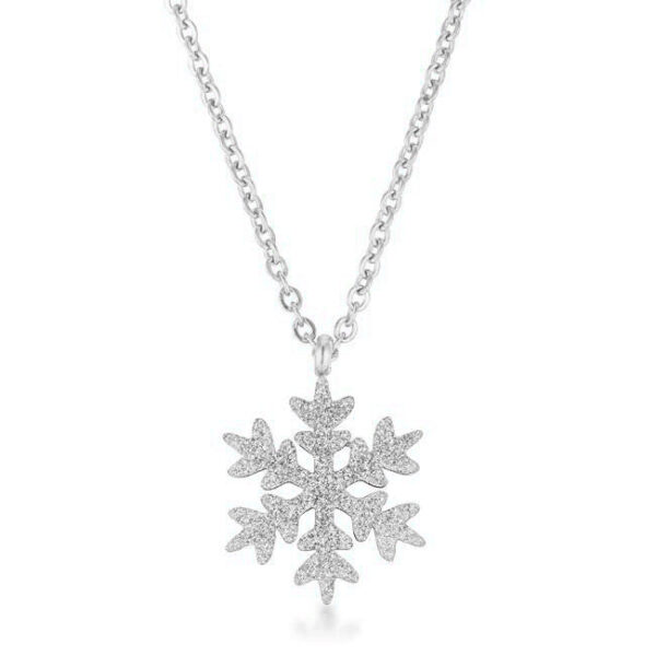 Snowflake necklace with a silver tone finish.