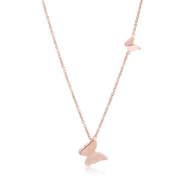 Delicate butterfly necklace in rosegold plated over stainless steel with an 18-inch chain and 2-inch extender.