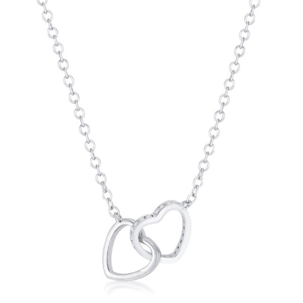 Interlocking hearts necklace with cubic zirconia, 0.22 ct total carat weight, rhodium plated over white gold.