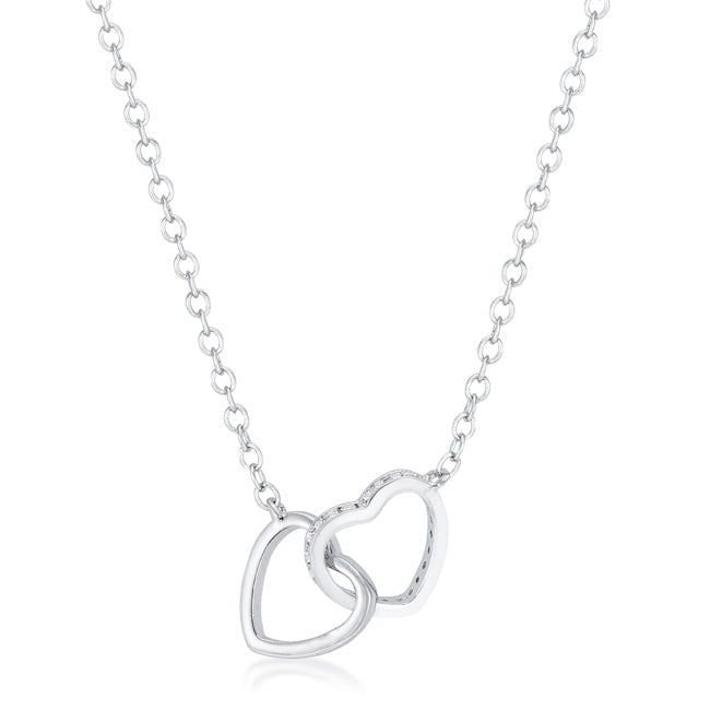 Interlocking hearts necklace with cubic zirconia, 0.22 ct total carat weight, rhodium plated over white gold.