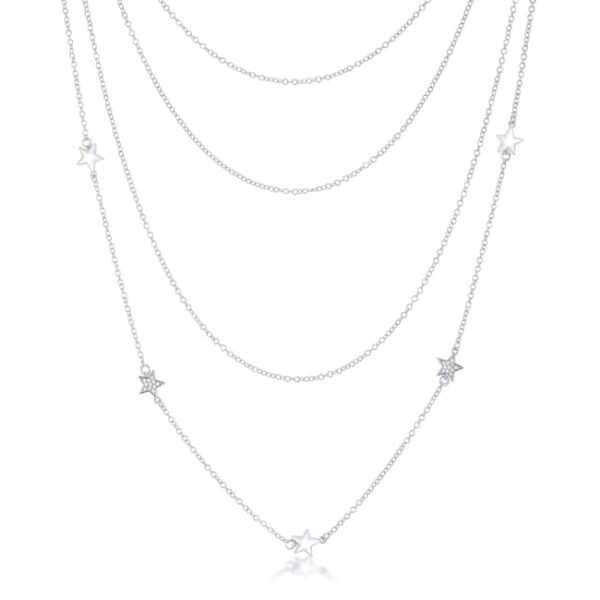 Multi-chain star necklace in rhodium plated over white gold with cubic zirconia.