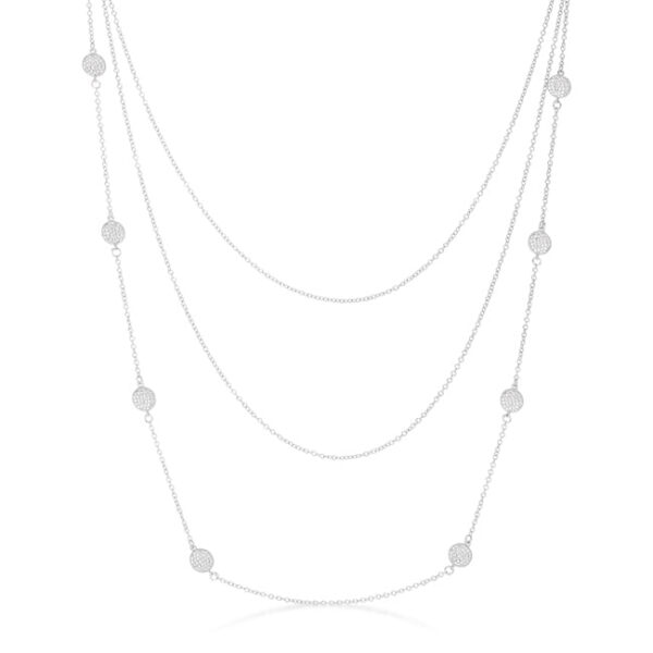 Rhodium plated layered station necklace with pave disc details and cubic zirconia.