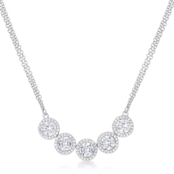 Rhodium plated over lead free alloy (brass) necklace with round 6mm cubic zirconia and 5 ct total stone weight.