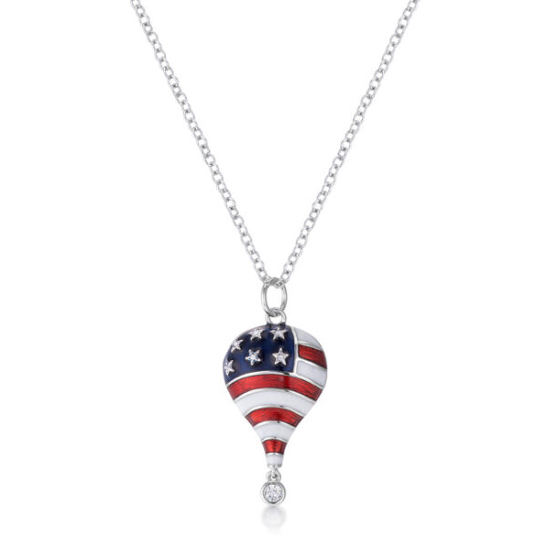 Rhodium plated patriotic hot air balloon necklace with enamel and cubic zirconia.