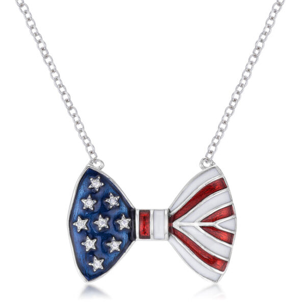 Rhodium plated stars and stripes bow tie necklace with enamel and cubic zirconia.