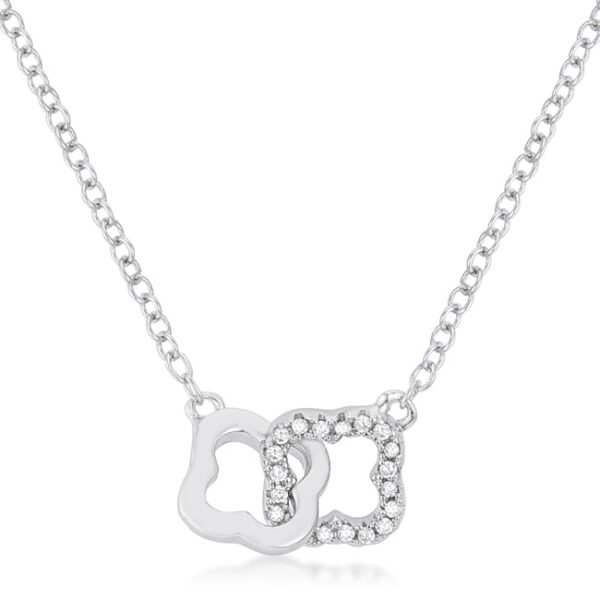 Floral links necklace in rhodium plated over lead free alloy (brass) with round cubic zirconia.