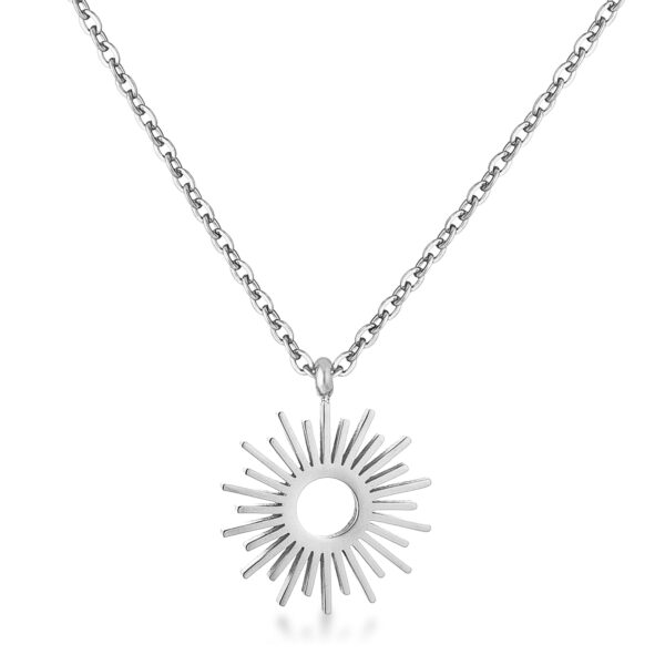 Sunburst necklace with a silver tone finish.