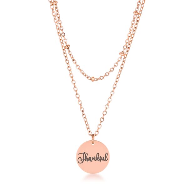 Delicate Thankful necklace in rose gold plated over stainless.