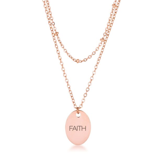 Double-chain FAITH necklace in rose gold plated over 304l stainless steel with a 16 Inch + 2 Inch Extender and lobster clasp.