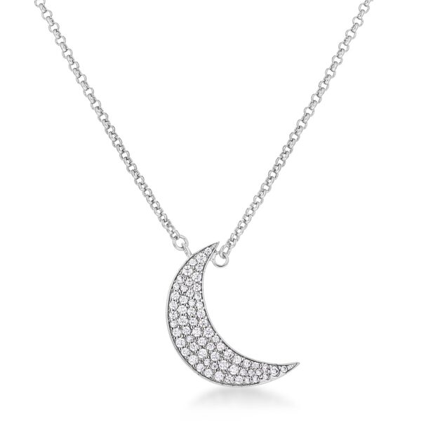 Moon-themed cubic zirconia necklace in rhodium plated over lead free alloy (brass), measuring 16 Inch + 2 Inch.