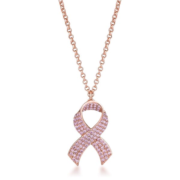 Rose gold plated ribbon necklace with pink cubic zirconia in a pavé design.