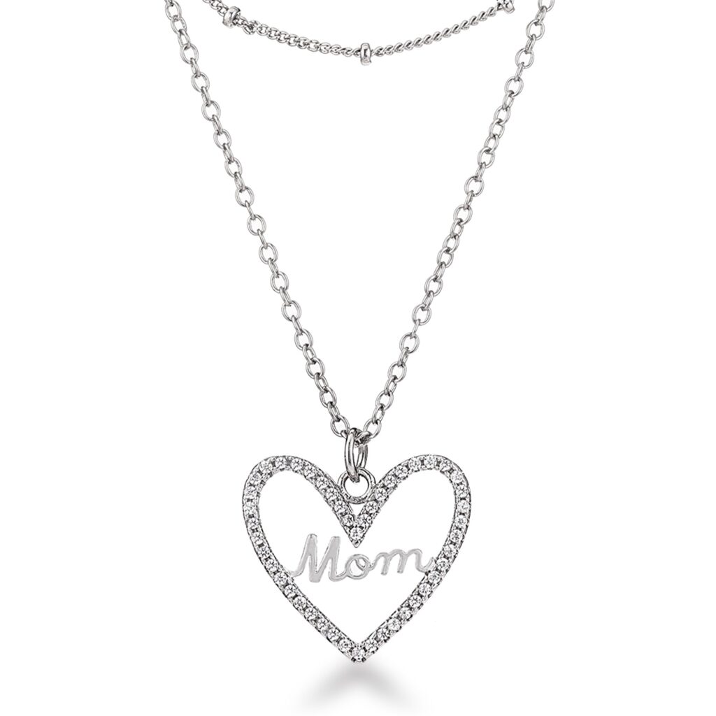 Layered Mom necklace with cubic zirconia, rhodium plated over lead free alloy (brass), and a 16 Inch + 1 Inch Extender.