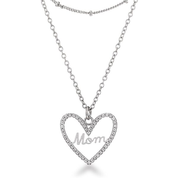 Layered Mom necklace with cubic zirconia, rhodium plated over lead free alloy (brass), and a 16 Inch + 1 Inch Extender.