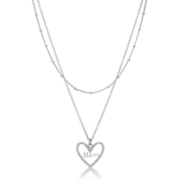 Cubic zirconia layered Mom necklace in rhodium plated over lead free alloy (brass) with a 16 Inch + 1 Inch Extender.