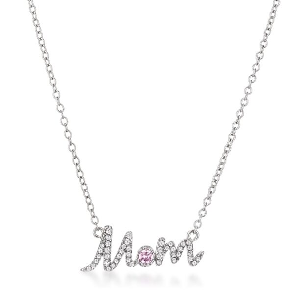 Mom script necklace with clear and pink cubic zirconia, rhodium plated over lead free alloy (brass), and a 16 Inch + 1 Inch Extender.
