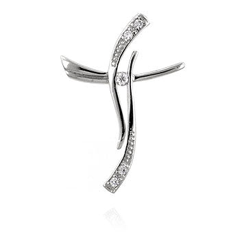 Wave cross pendant with cubic zirconia in rhodium plated over .925 sterling silver.