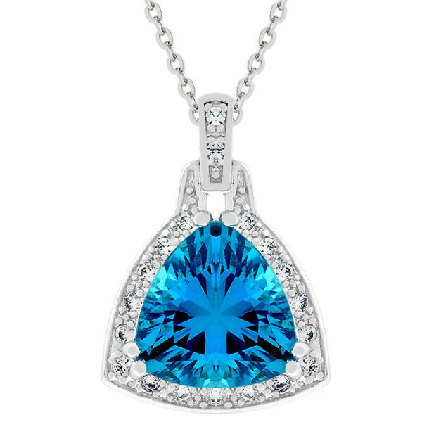 Aqua trillion-cut cubic zirconia pendant in a prong setting with rhodium plated over lead free alloy (brass).