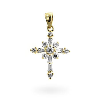 The pendant with round cubic zirconia in prongs and gold tone finish over lead free alloy (brass).