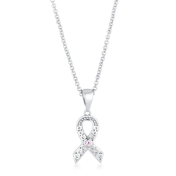 Heart filigree breast cancer awareness ribbon pendant in silver tone over lead free alloy (brass) with pink round cubic zirconia.